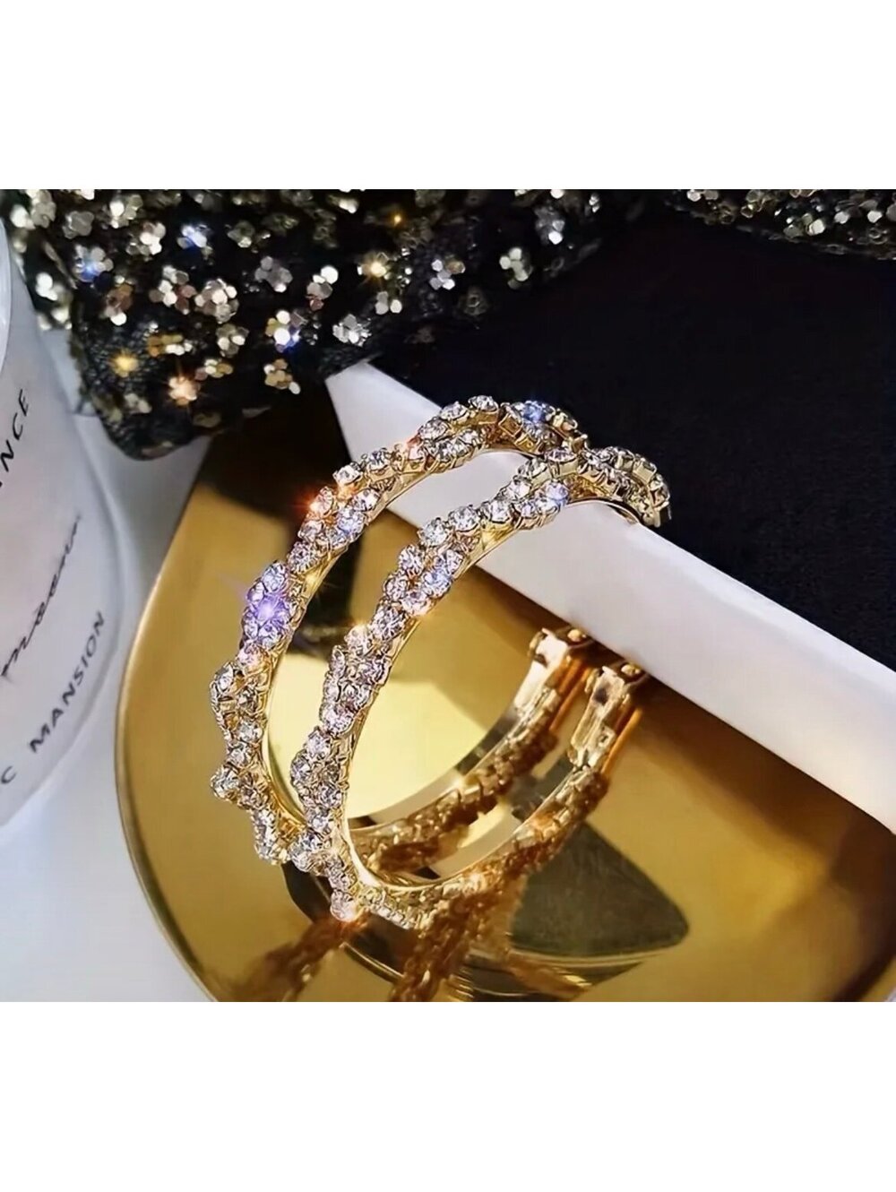 New - Luxurious - Twisted Gold and Zirconia Large Hoop Earrings